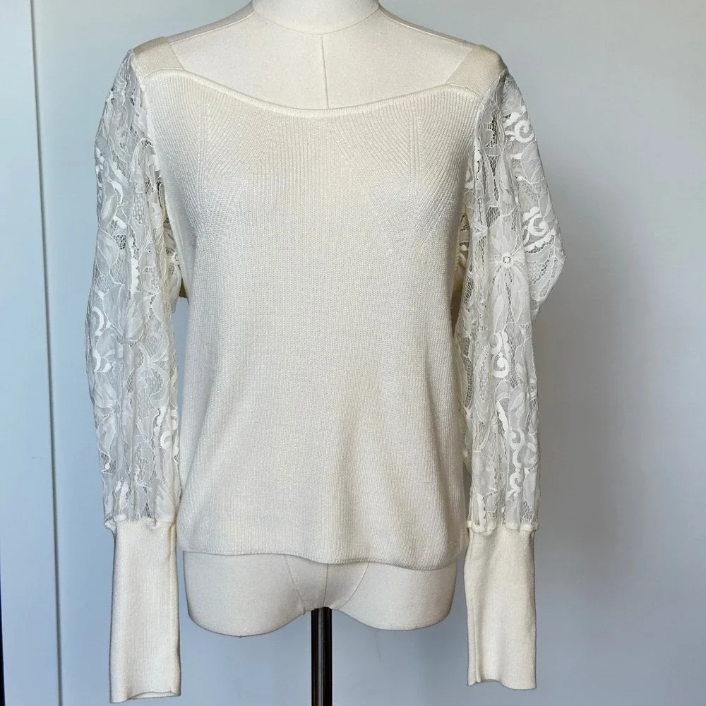 Anthropologie Sweater Sweetheart Lace Sleeve Romantic Coquette Ivory M